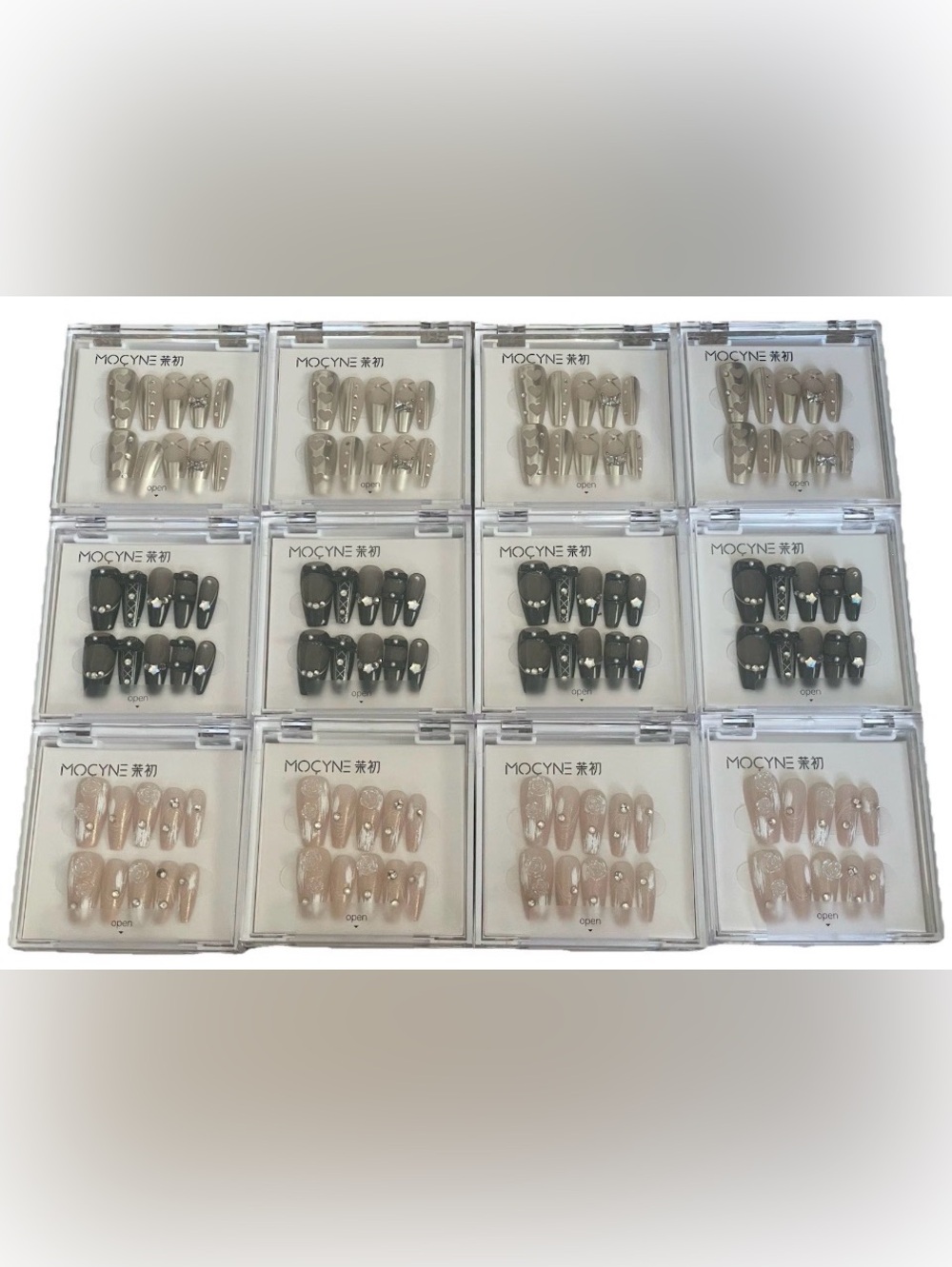 12 MOCYNE Long Nail Sets - Rose Crystals - Black Tuxedo Stars - Silver Hearts